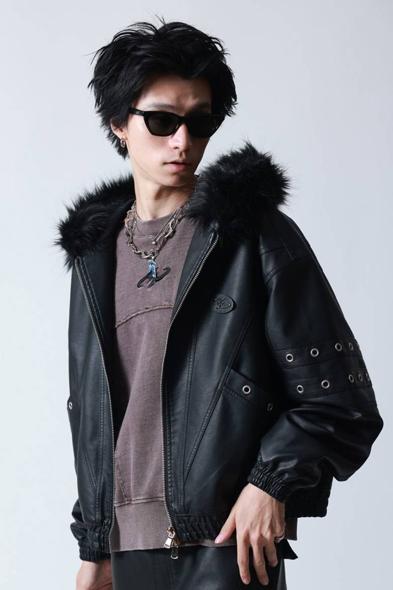 P.N UNDERGROUND(サイコ・ネーション・アンダーグラウンド) ファー脱着PUフードブルゾン - Black