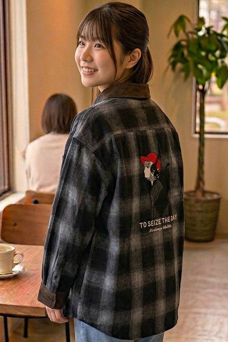 Red Cap Girl (レッド・キャップ・ガール) ネル・チェック・シャツ衿カフス・コーデュロイ切り替え - Black