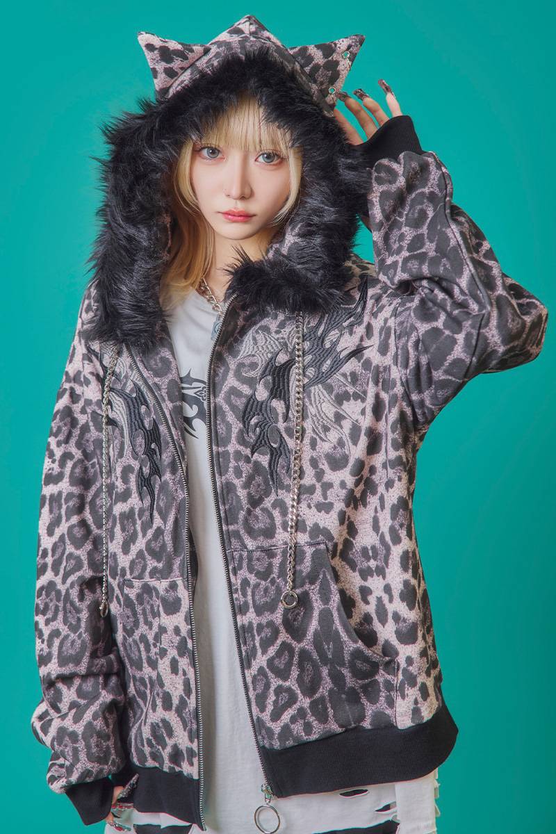 PSYCHO NATION(サイコ・ネーション) ファー脱着ヒョウ耳ZIPパーカー