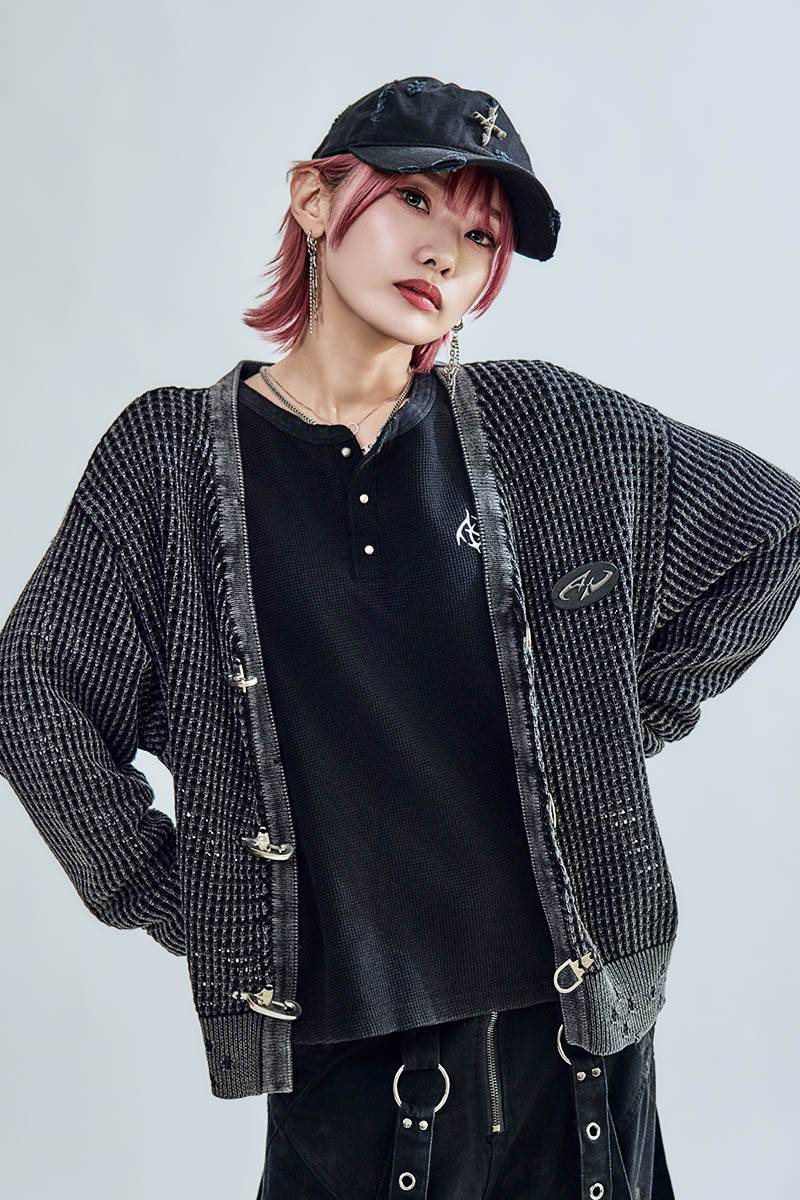 P.N UNDERGROUND (サイコ・ネーション・アンダーグラウンド) バックル・グランジ・ニット・カーデ - Black