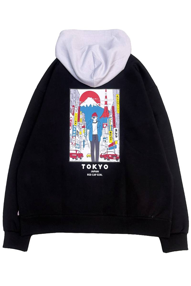 Red Cap Girl(レッド・キャップ・ガール) ダンボール・バック・プリント・フーディ - Black