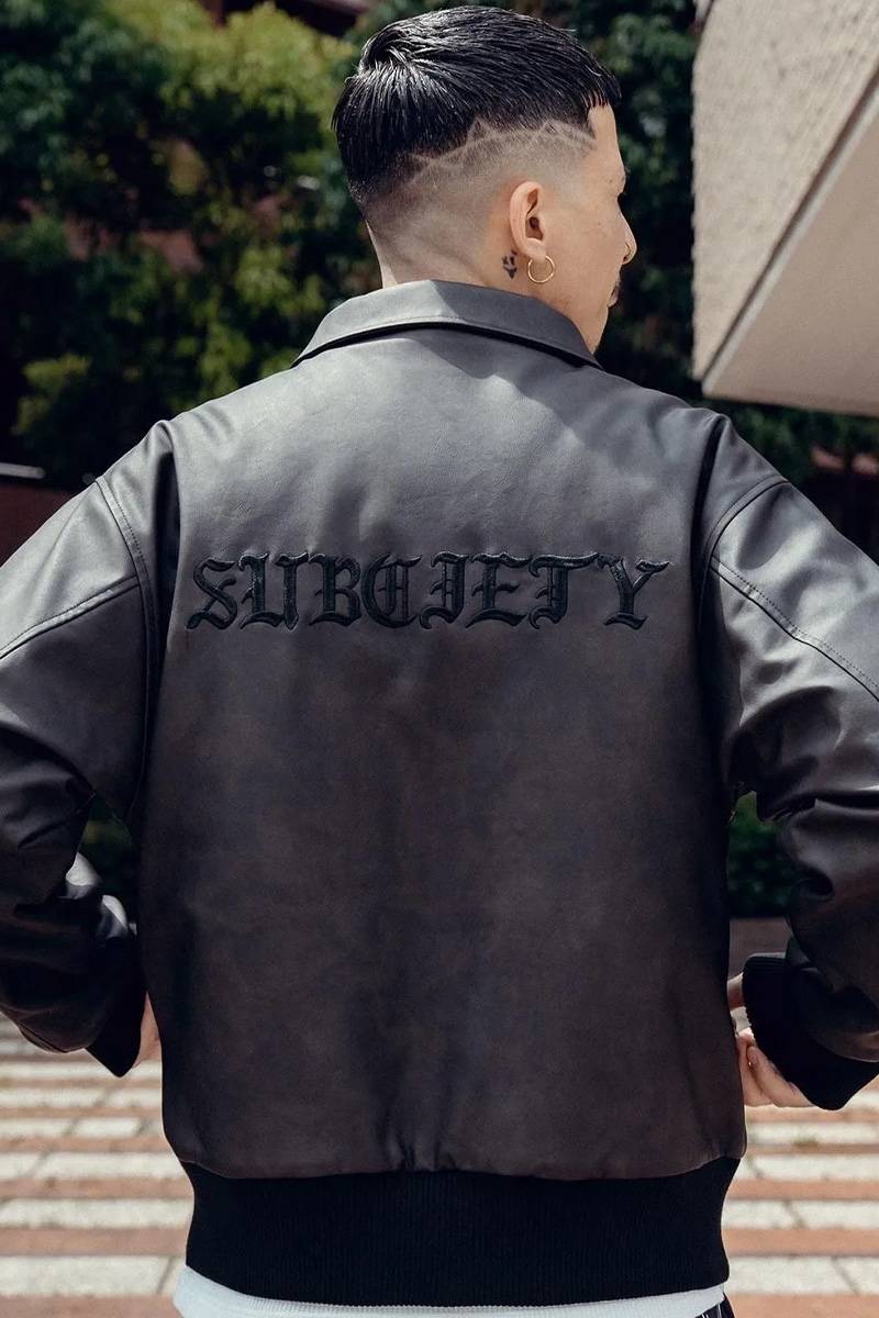 Subciety (サブサエティ) Faux leather varsity jkt - Black