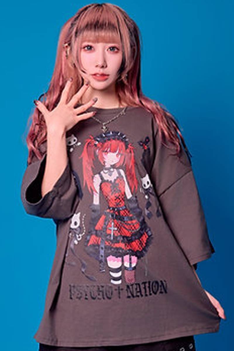 寝田ルネ×PSYCHO NATION (サイコネーション) パンク  TEE - Gray