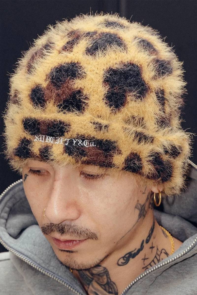 Subciety (サブサエティ) Shaggy beanie - Beige/Leopard