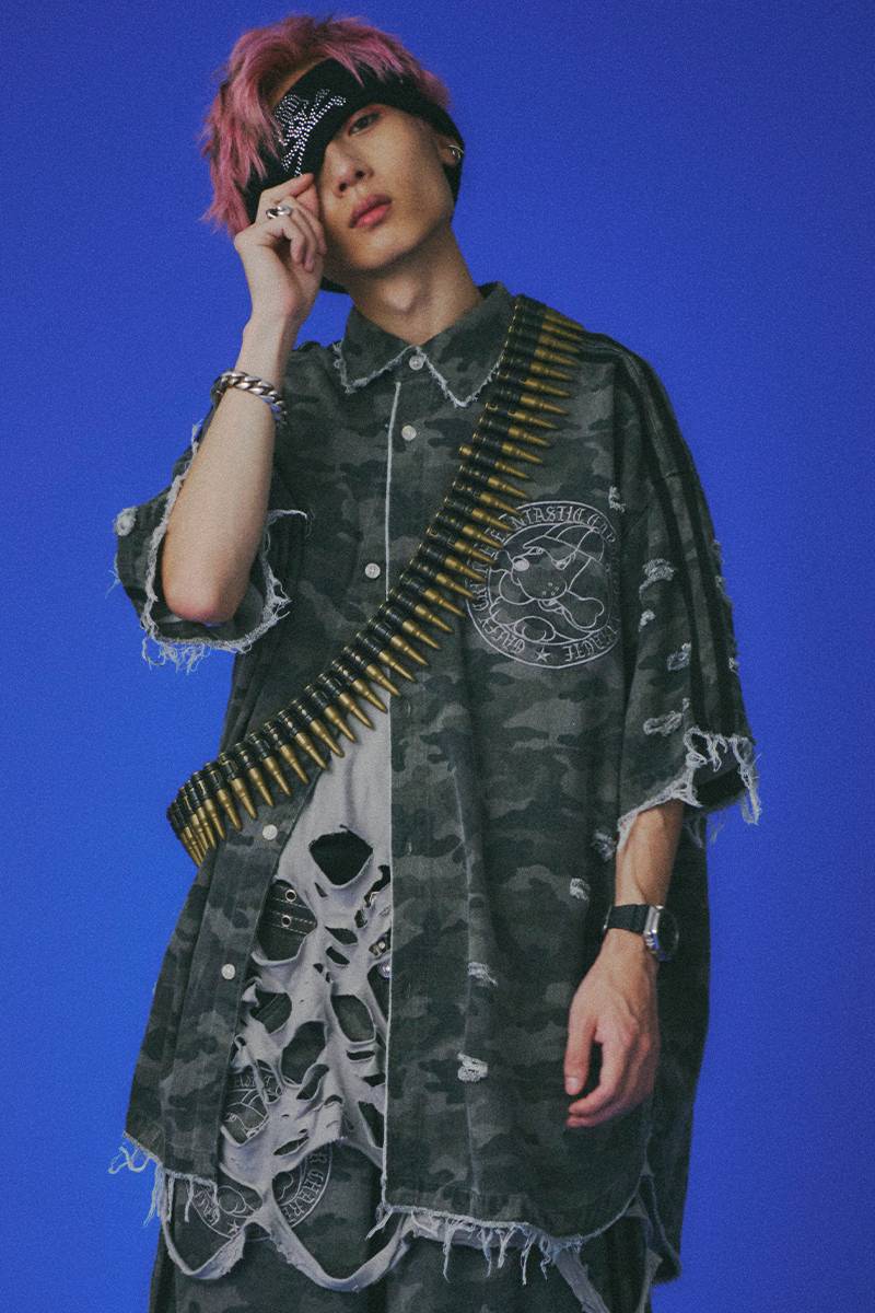 GALFY (ガルフィー) カモフラかも？ボロボロシャツ - BLACK CAMO