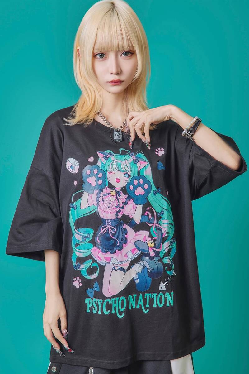 寝田ルネ×PSYCHO NATION (サイコ・ネーション) 猫耳メイドTee - Black