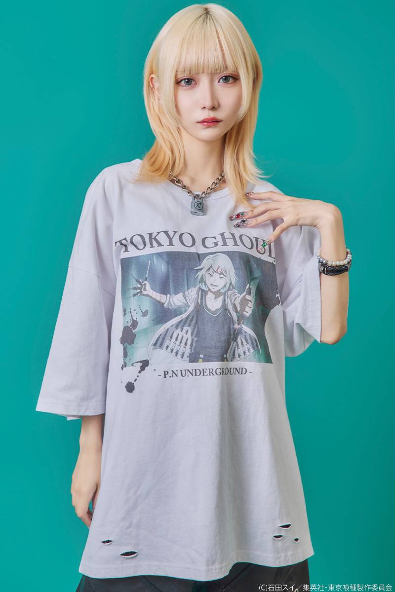 東京喰種×P.N UNDERGROUND 鈴屋什造ダメージTee - White