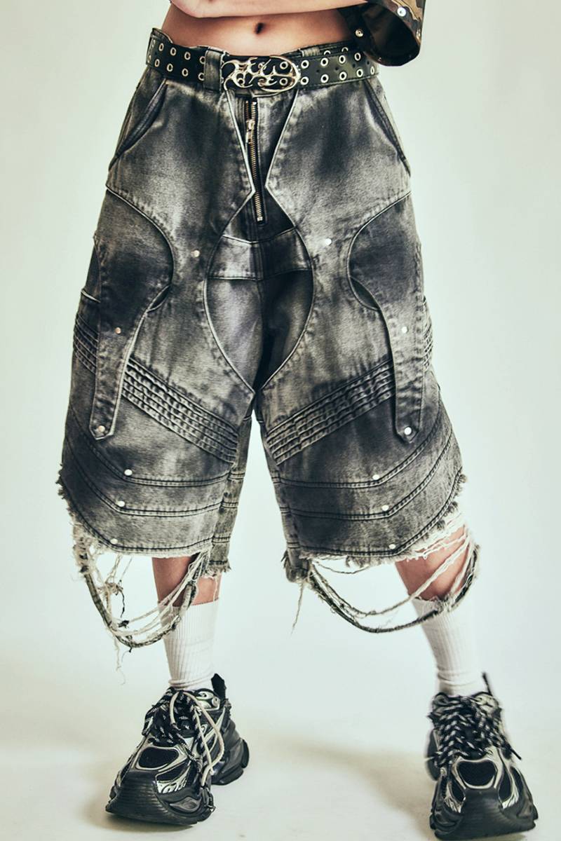 P.N UNDERGROUND (サイコ・ネーション・アンダーグラウンド) 切替ダメージ・ハーフ・パンツ - デニム