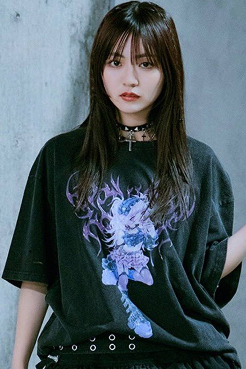 kuua×TRAVAS TOKYO(トラバス・トーキョー) イラスト半袖Tシャツ③ - Black