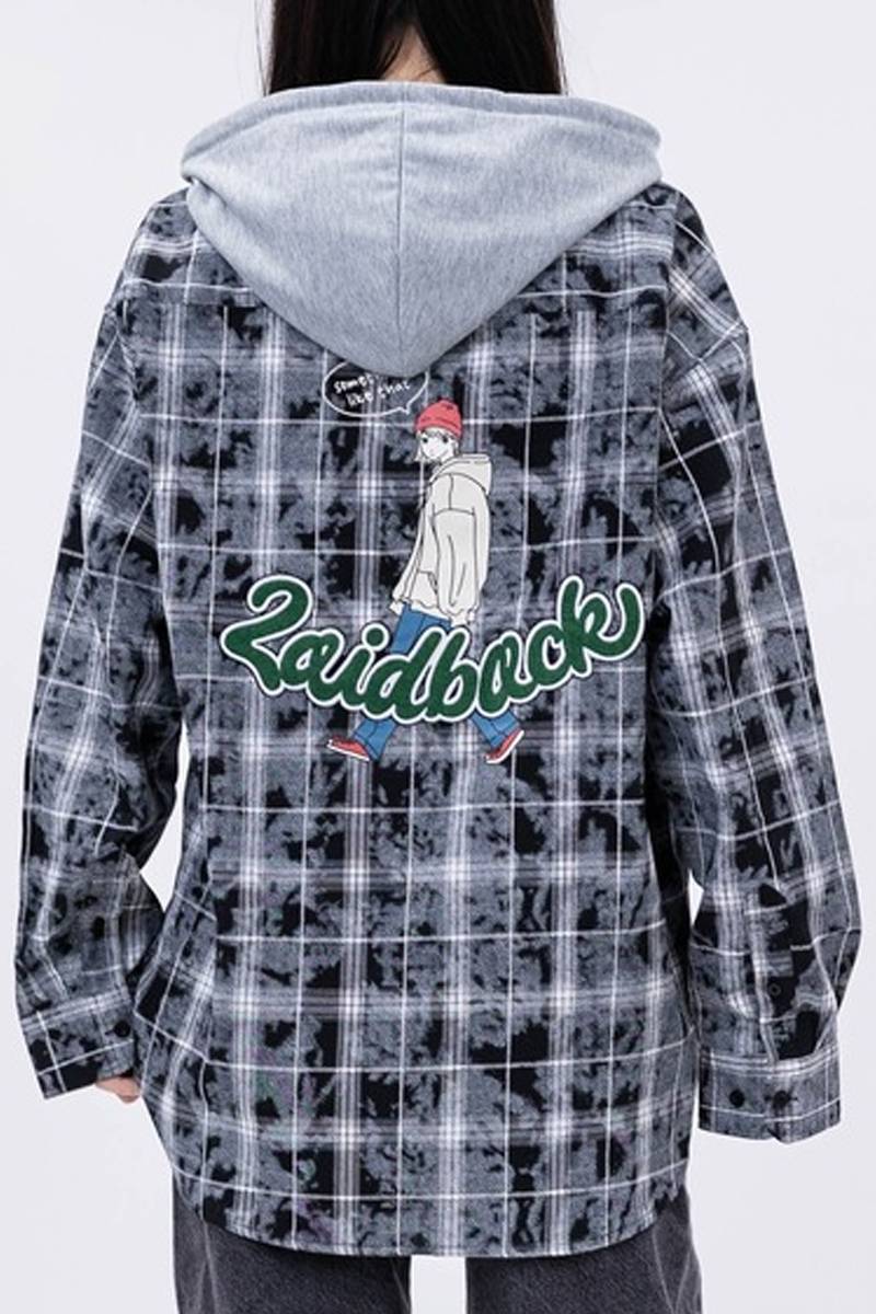 Red Cap Girl(レッド・キャップ・ガール) ヴィンテージ加工 フェルト刺繍 フード付チェックシャツ - Black