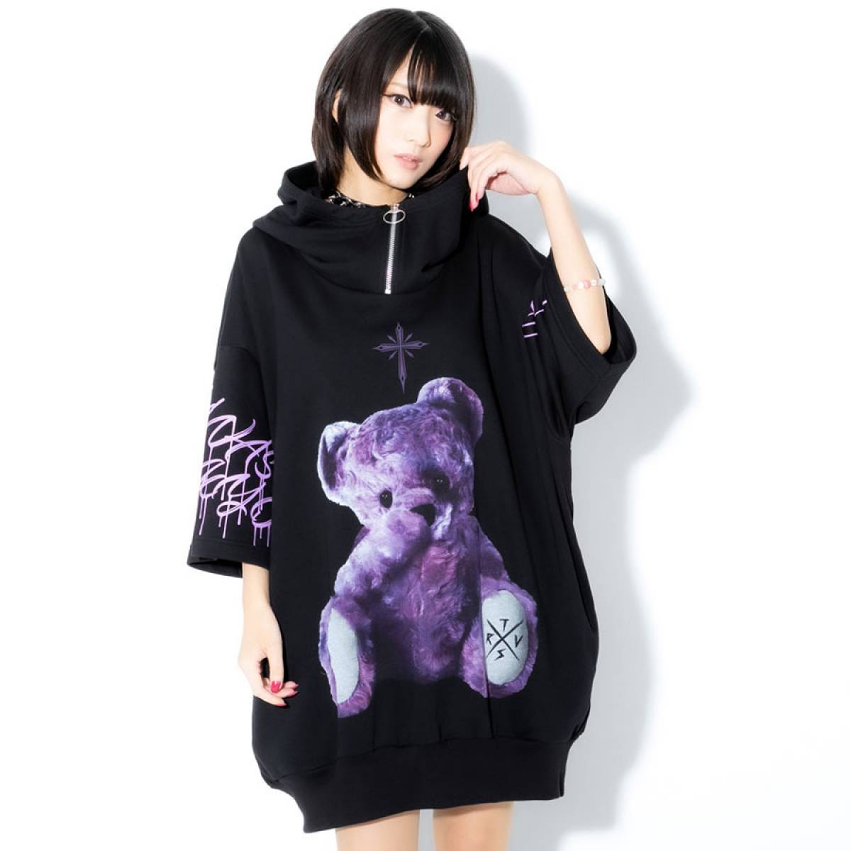 TRAVAS TOKYO Furry bear half zip high neck H/S hoodie BLACK/PURPLE