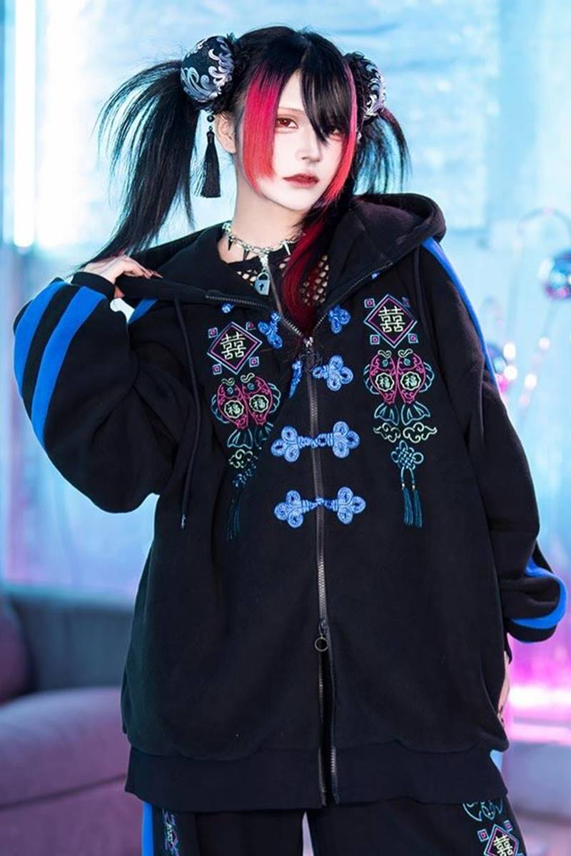 LISTEN FLAVOR (リッスン・フレーバー) 招福チャイナフリースジップパーカー - Black x Blue