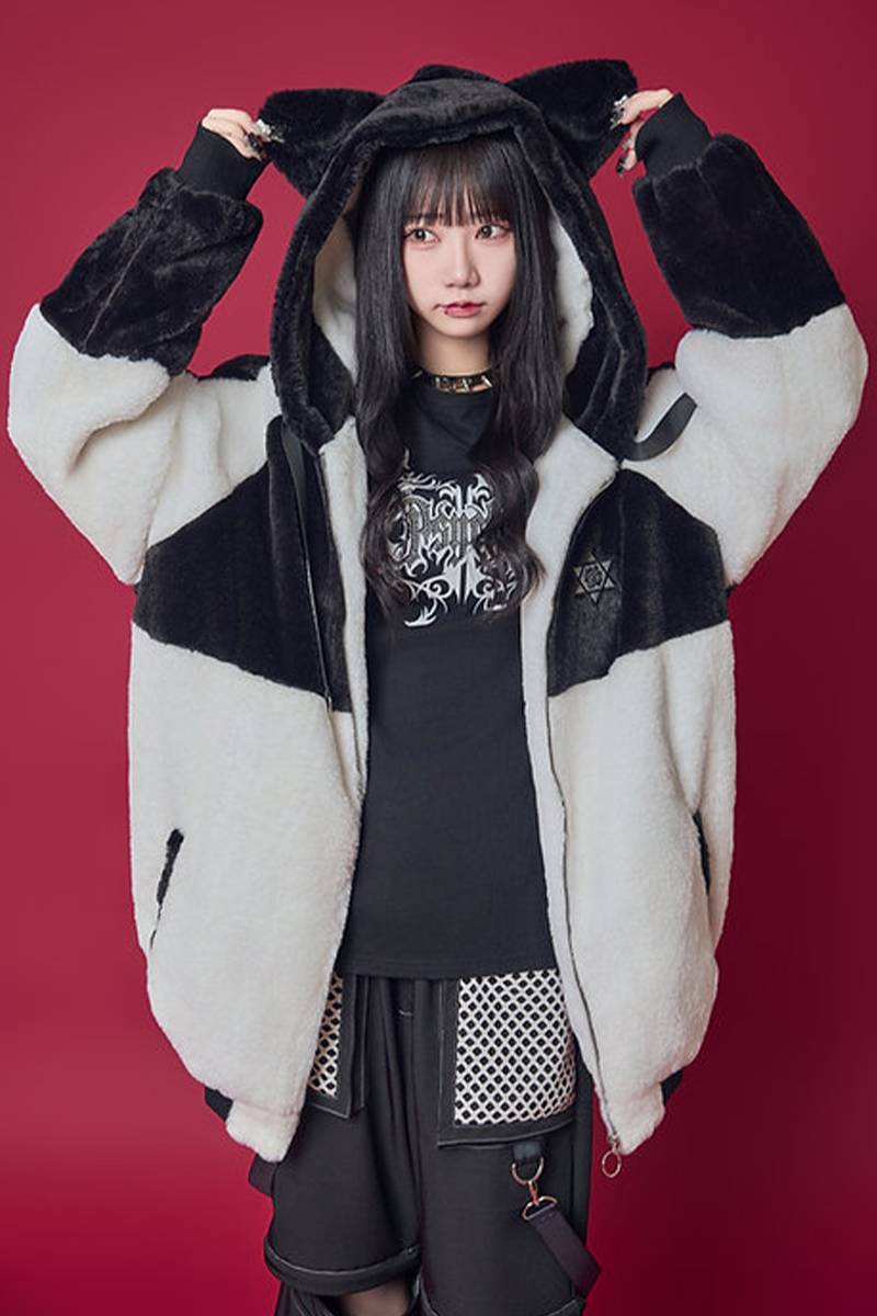 PSYCHO NATION(サイコネーション) 猫耳天使 しっぽ付き 切替配色 ファーブルゾン - BLACK × WHITE