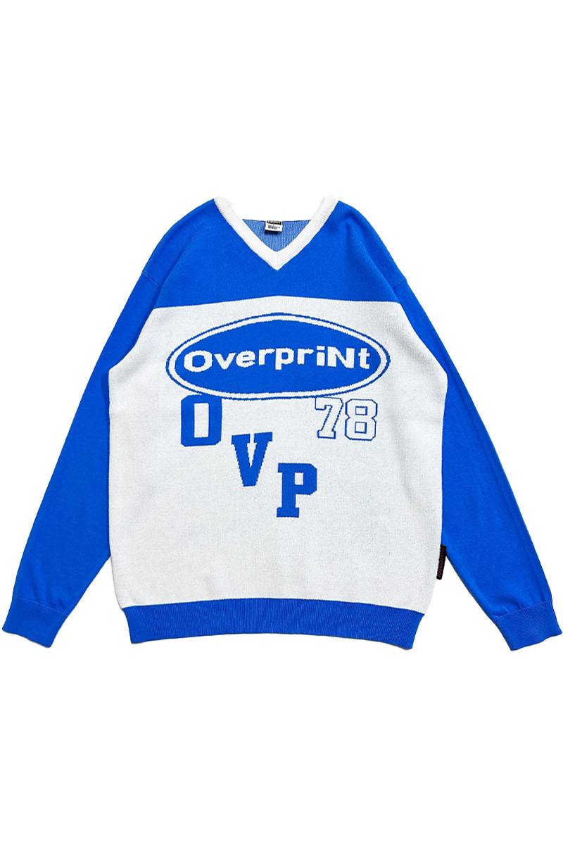 over print (オーバープリント) OVAL Vneck cotton knit - Blue