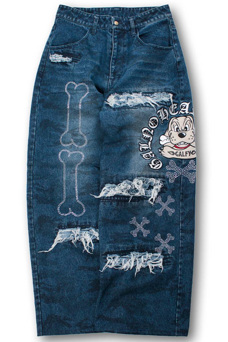 【予約商品】GALFY(ガルフィー) ピカピカ骨骨レーザーかも？デニム - Indigo