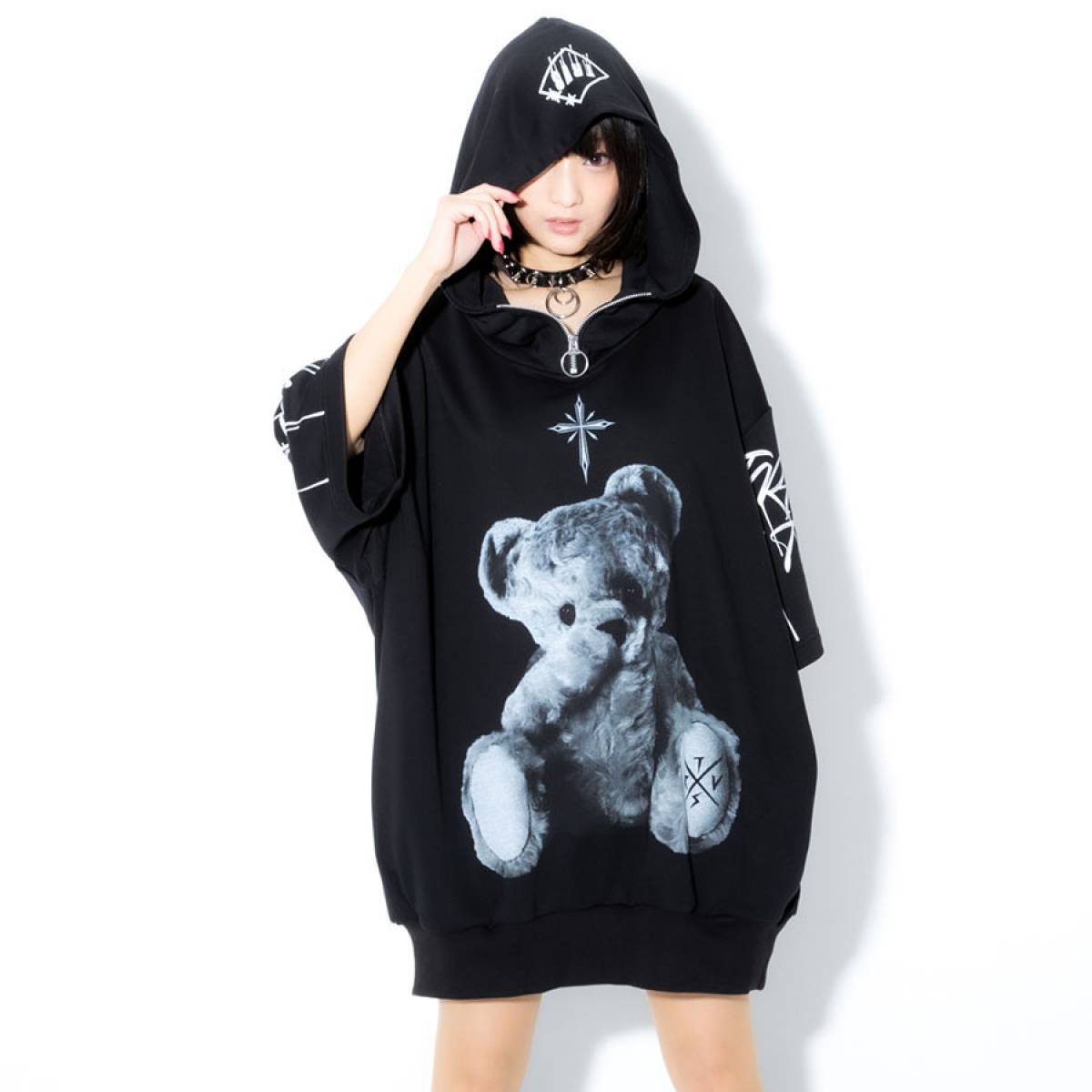 TRAVAS TOKYO Furry bear half zip high neck H/S hoodie BLACK/WHITE