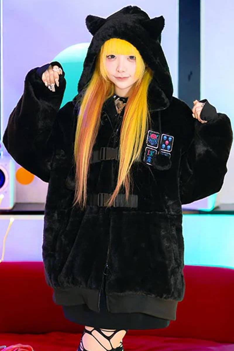 LISTEN FLAVOR (リッスン・フレーバー) 猫耳麻雀ファー・ブルゾン - Black