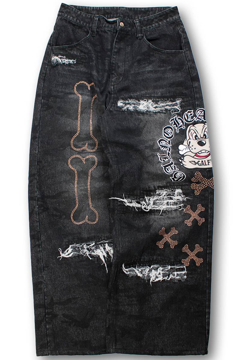 【予約商品】GALFY(ガルフィー) ピカピカ骨骨レーザーかも？デニム - Black