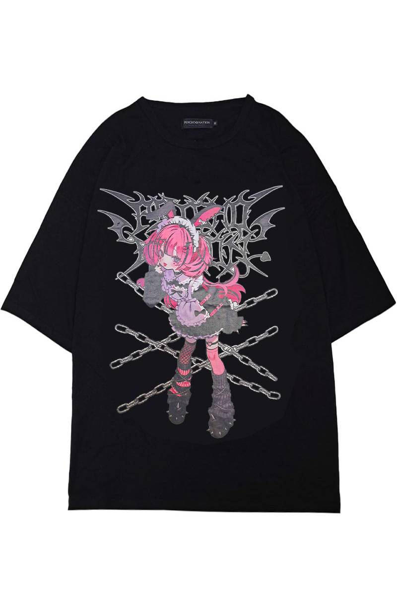 寝田ルネ×PSYCHO NATION (サイコ・ネーション) うさ耳メイドTee - Black