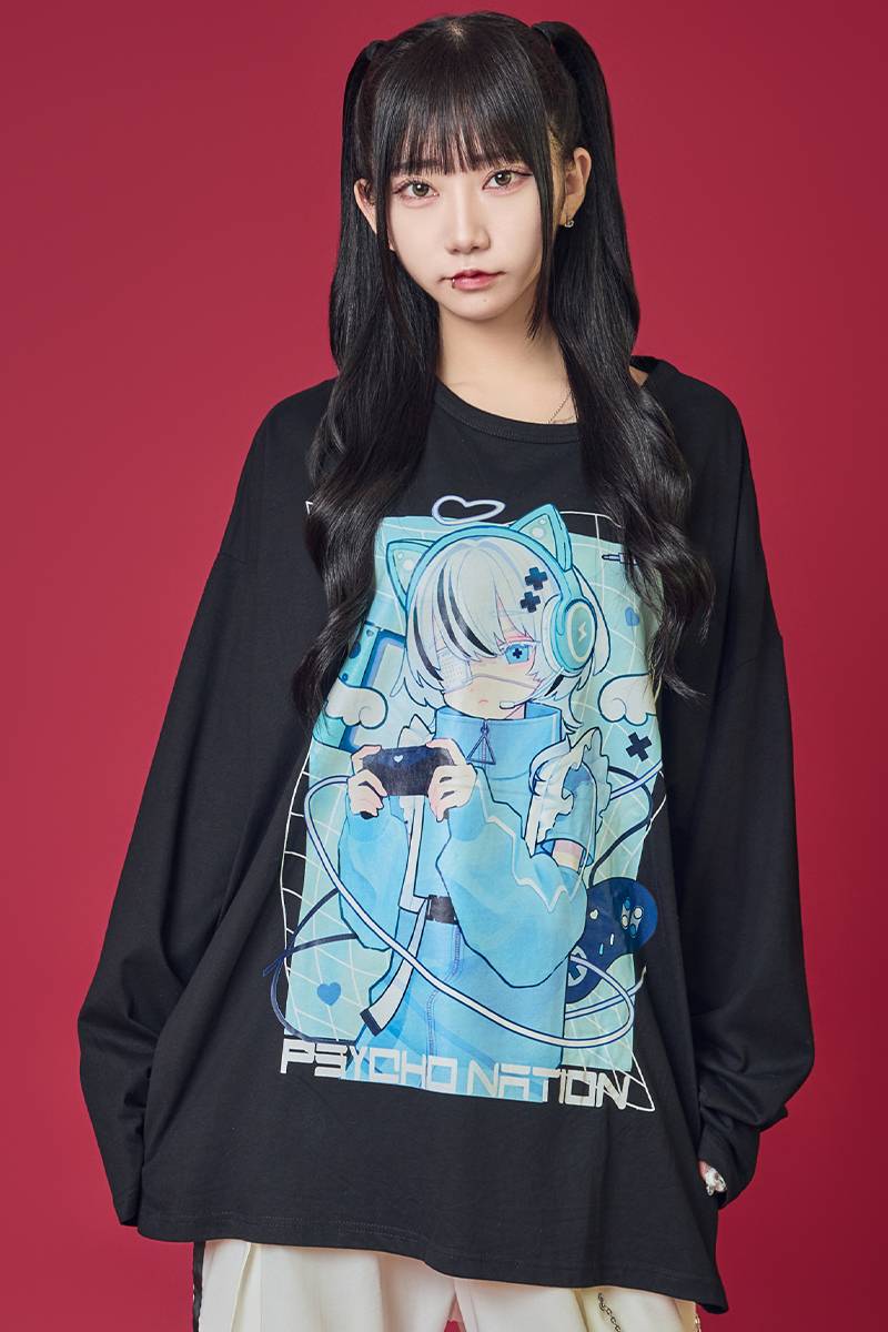 寝田ルネ×PSYCHO NATION(サイコネーション) ゲーマーL/S TEE BLACK