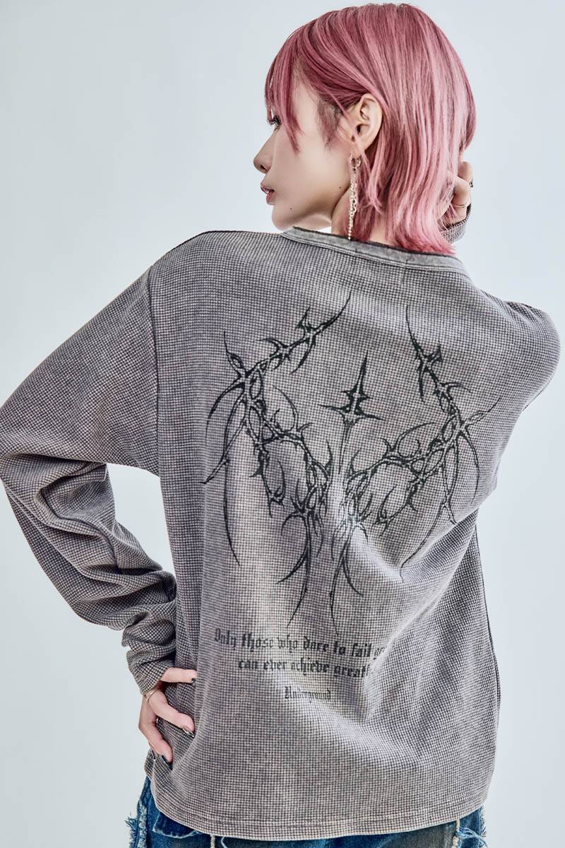 P.N UNDERGROUND (サイコ・ネーション・アンダーグラウンド) ワッフル・ヘンリー・ネックTEE - Grey