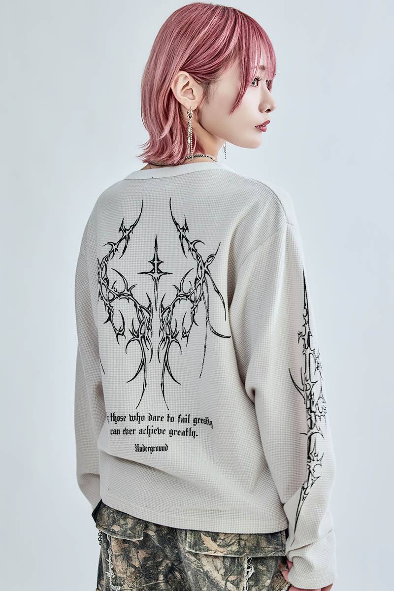 P.N UNDERGROUND (サイコ・ネーション・アンダーグラウンド) ワッフル・ヘンリー・ネックTEE - White