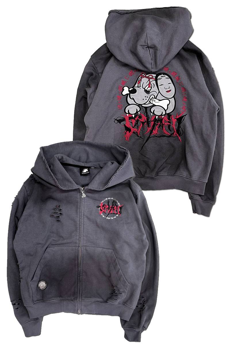 【予約商品】マザリ×GALFY×GEKIROCK CLOTHINGコラボ"呪イ"のダメージ加工ジップパーカー