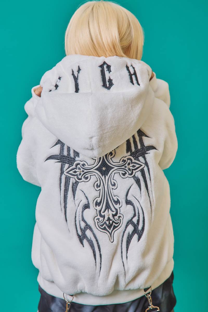 PSYCHO NATION(サイコ・ネーション) トライバルクロス ファーフードブルゾン - White