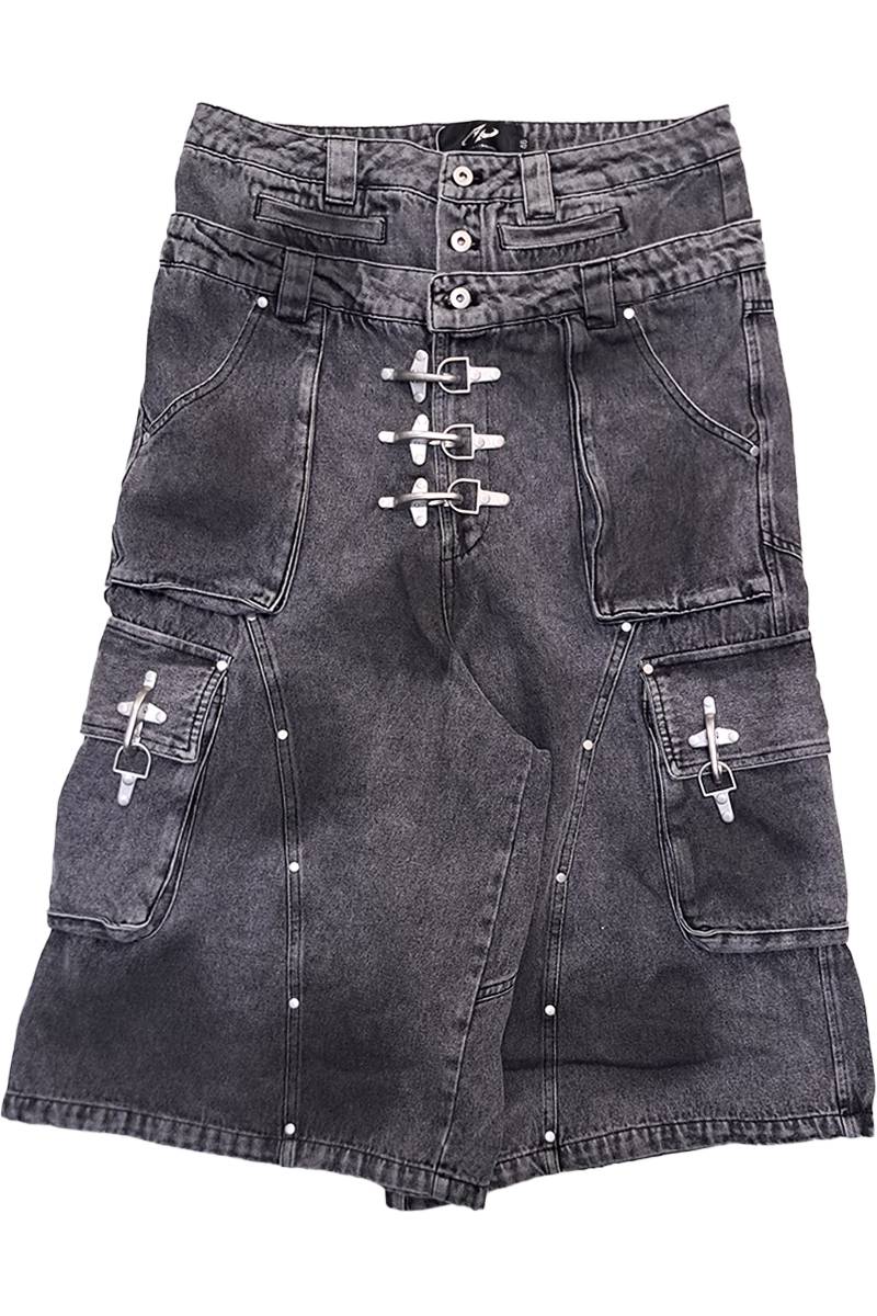 P.N UNDERGROUND (サイコ・ネーション・アンダーグラウンド) バックル・カーゴ・ハーフ・パンツ - Blackデニム
