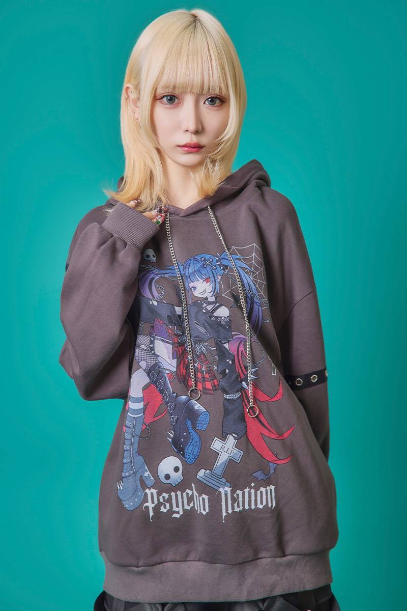 寝田ルネ×PSYCHO NATION(サイコ・ネーション) パンクパーカー - Gray
