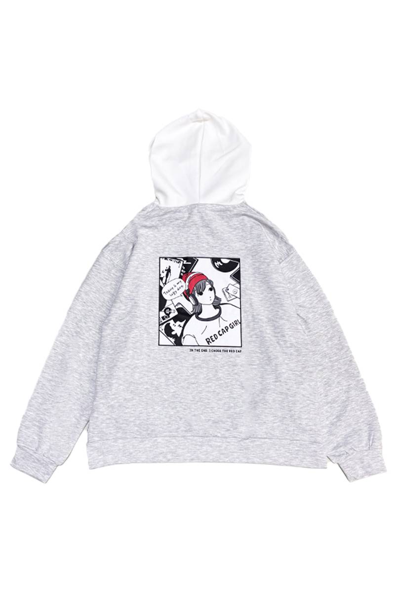 Red Cap Girl (レッド・キャップ・ガール) ダンボール・バック・プリント配色HOODIE - Ash Gray