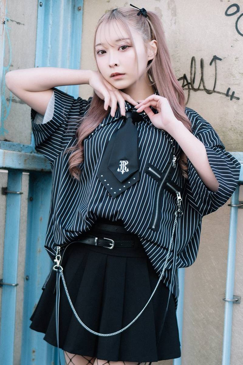 TRAVAS TOKYO (トラバス・トーキョー) ネクタイ付きクロスデザイン半袖シャツ - Black×White