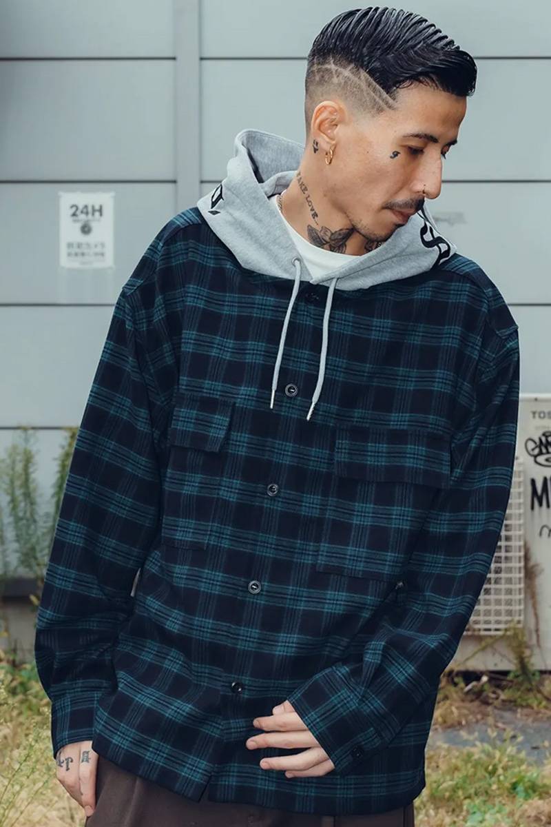 Subciety(サブサエティ) Hooded check shirt - Blue