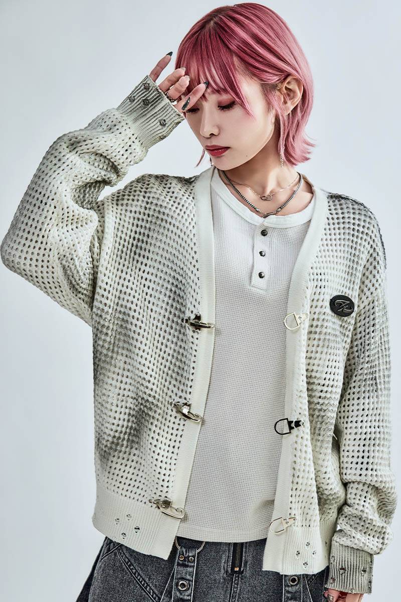 P.N UNDERGROUND (サイコ・ネーション・アンダーグラウンド) バックル・グランジ・ニット・カーデ - White