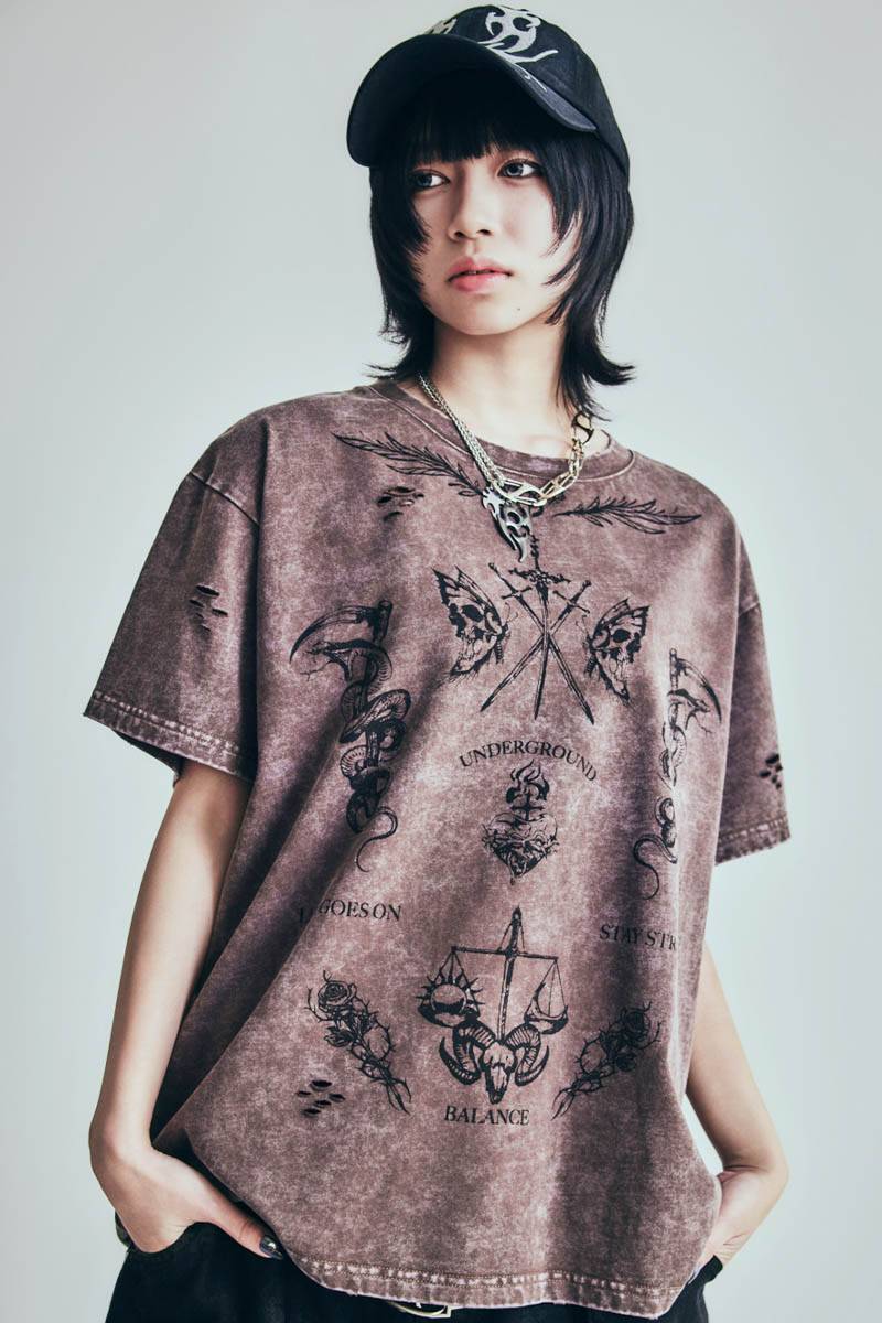 P.N UNDERGROUND (サイコ・ネーション・アンダーグラウンド) TATTOOダメージTEE - Brown