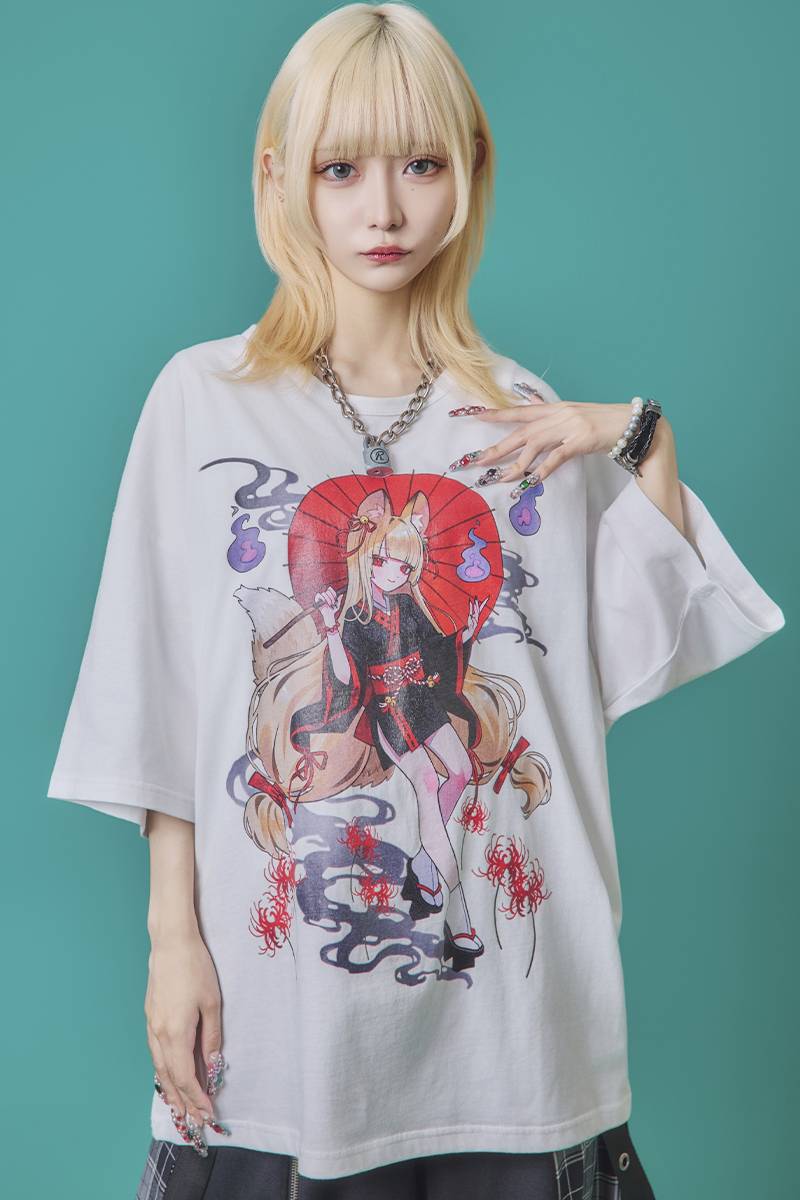 寝田ルネ×PSYCHO NATION(サイコ・ネーション) キツネ着物Tee - White