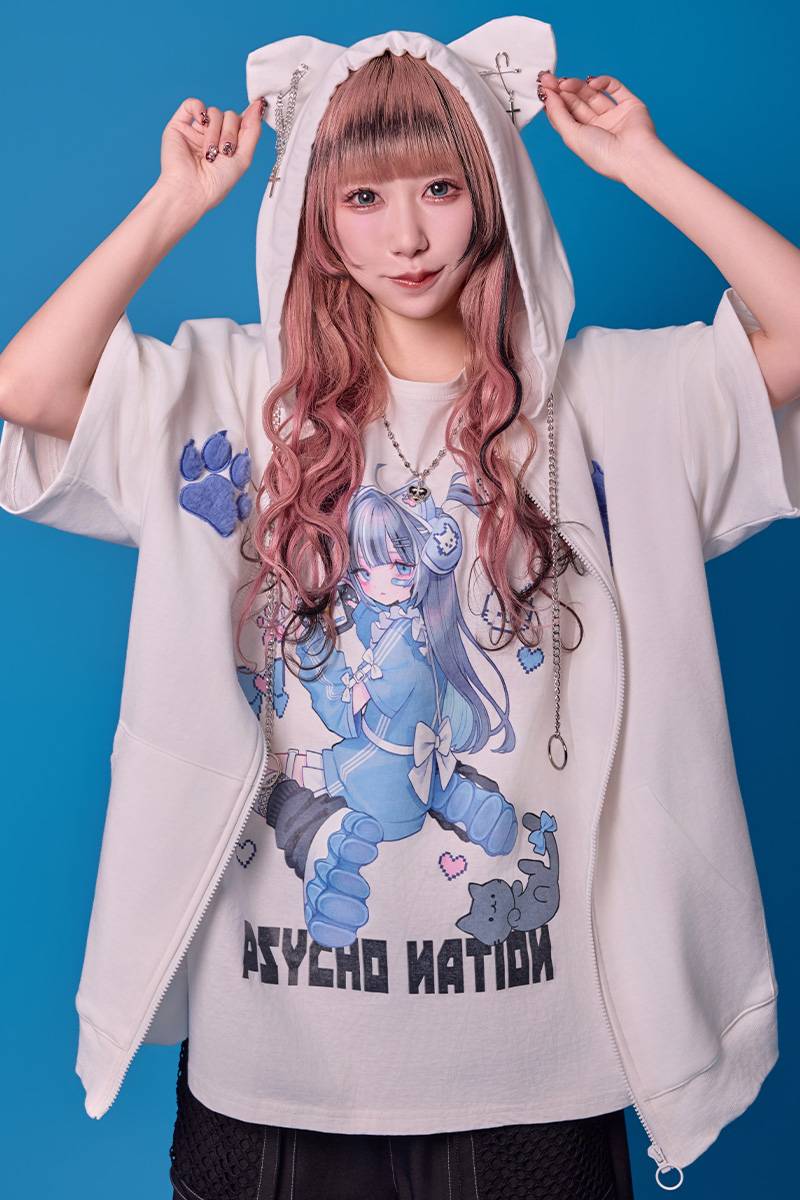 PSYCHO NATION(サイコネーション) 猫耳ZIP半袖パーカー - White PSYCHO NATION(サイコネーション) 猫耳ZIP半袖パーカー - White