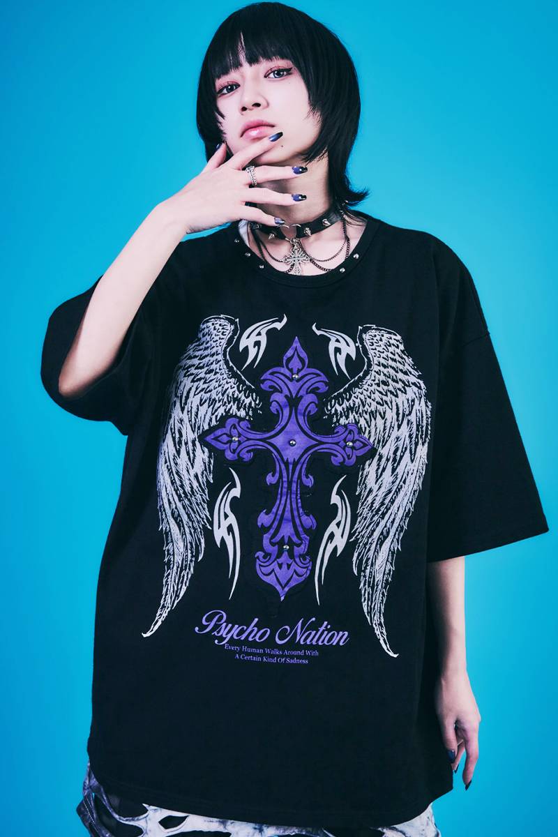 PSYCHO NATION(サイコ・ネーション) ウィング・クロスTEE - Black