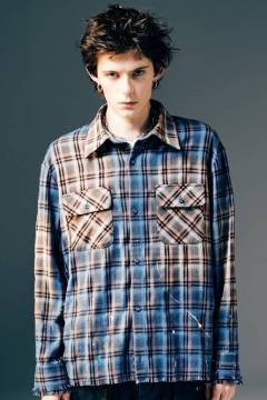 【予約商品】glamb(グラム)Splash Damage Flannel Shirt / スプラッシュダメージフランネルシャツ - Blue