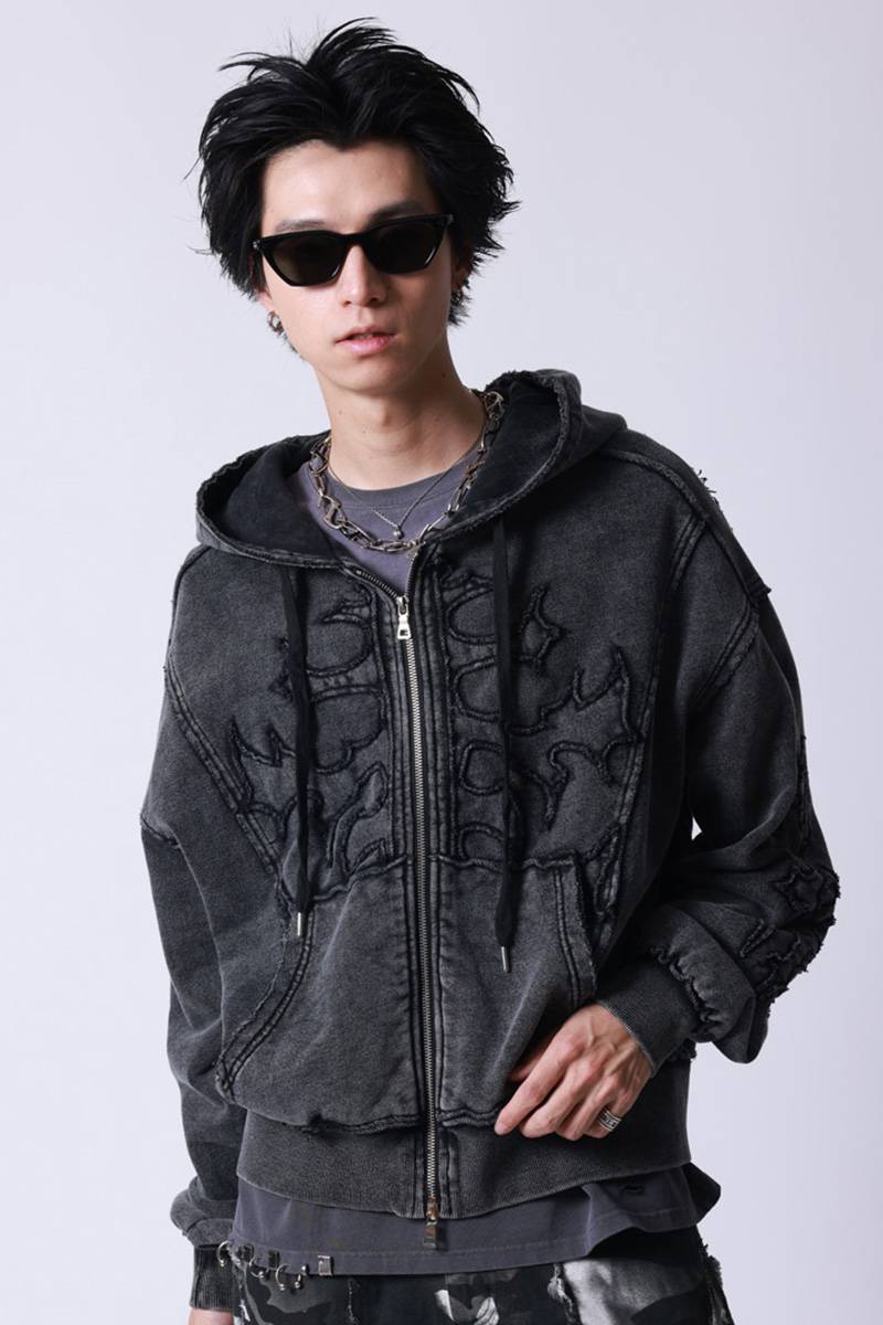 P.N UNDERGROUND(サイコ・ネーション・アンダーグラウンド) アップリケ刺繍ケミカルZIPパーカー