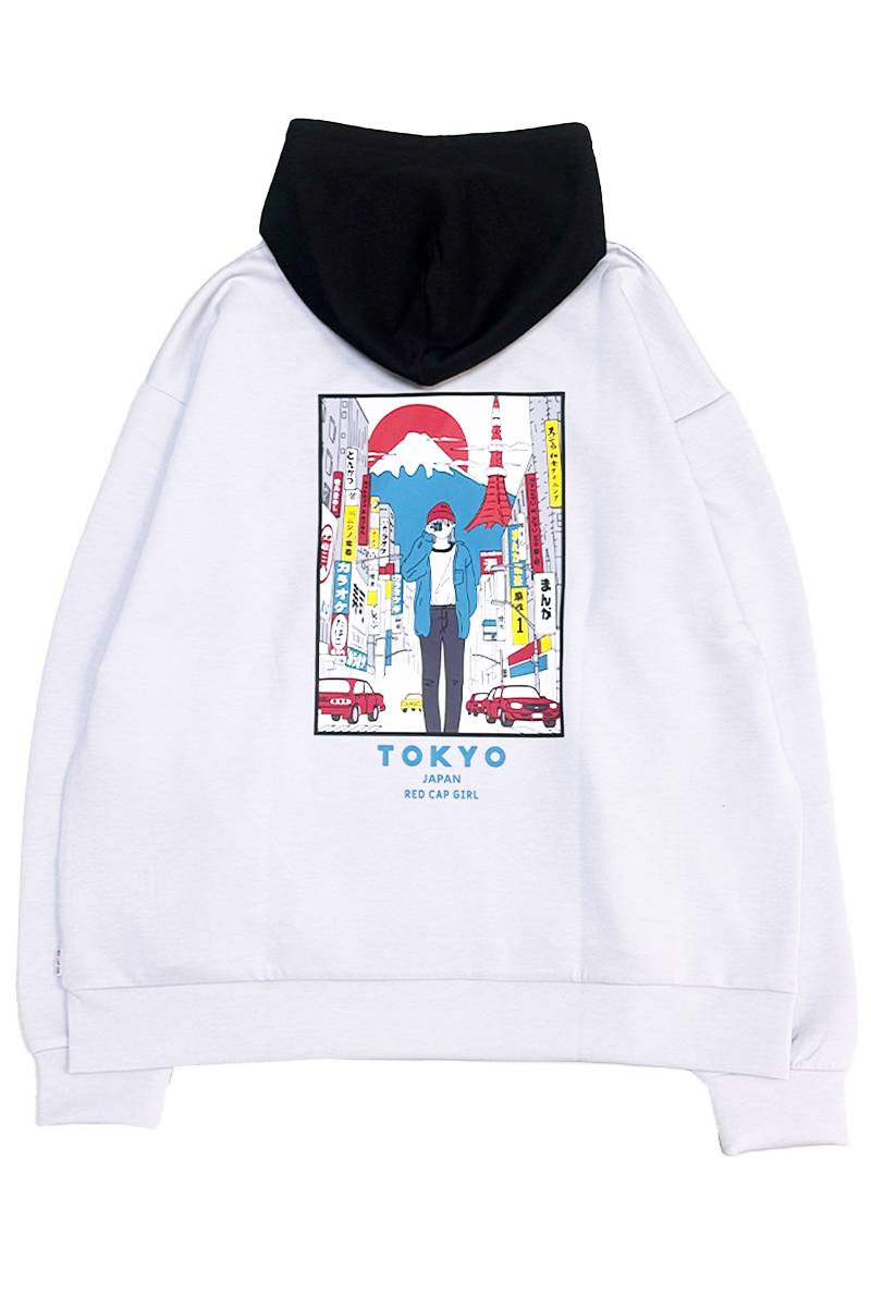Red Cap Girl(レッド・キャップ・ガール) ダンボール・バック・プリント・フーディ - White