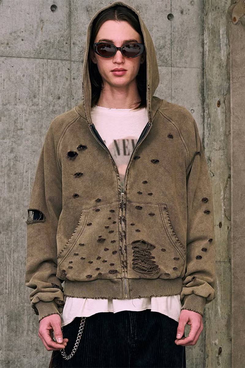 【予約商品】A Good Bad Influence(ア・グッド・バッド・インフルエンス)AGED DISTRESED ZIP HOODIE - Khaki