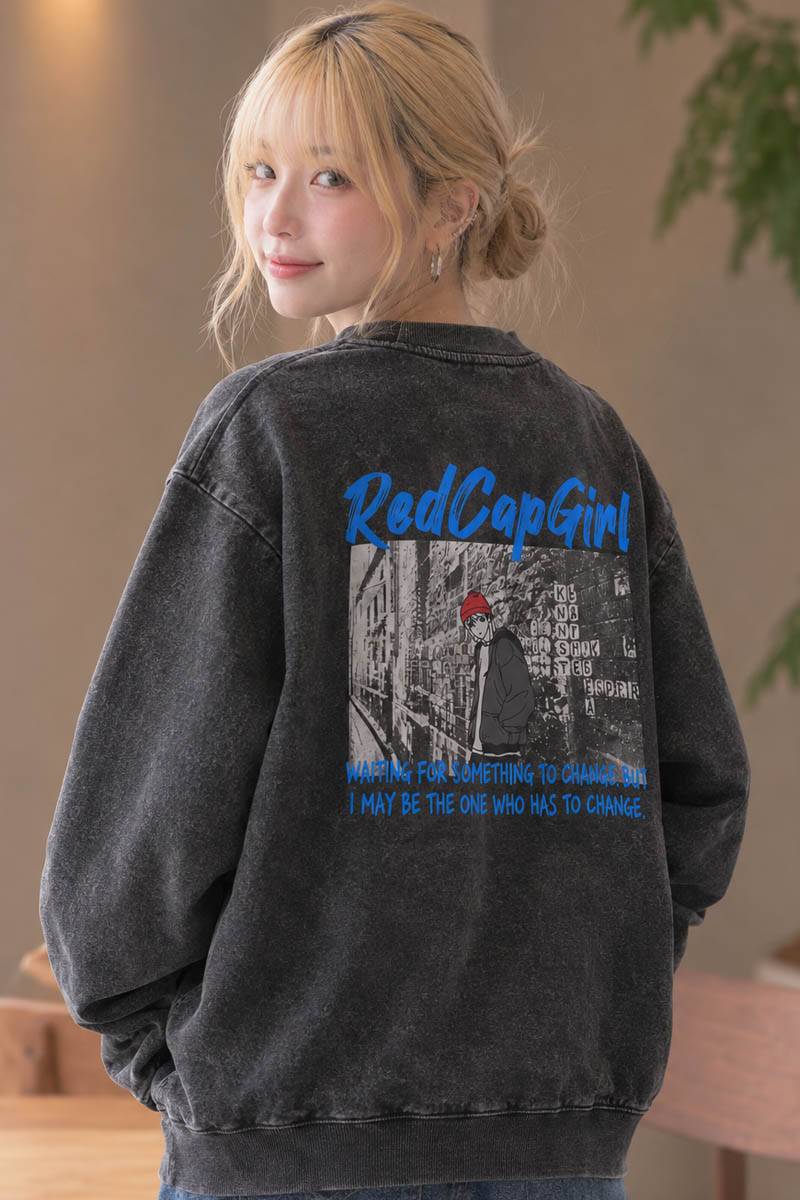 Red Cap Girl (レッド・キャップ・ガール) 裏毛C/Nスノー・ウォッシュ加工 - Gray