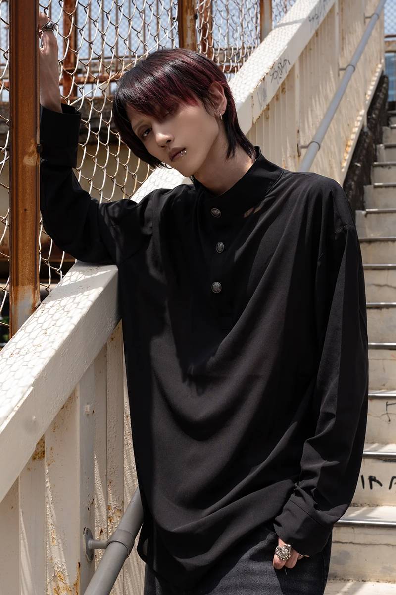 gibous (ギボス) button mock neck sheer tops (long)