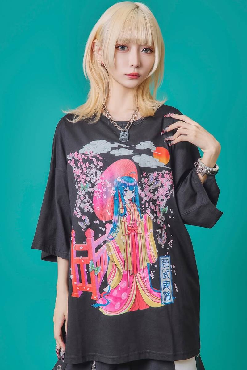 寝田ルネ×PSYCHO NATION (サイコ・ネーション) 桜着物Tee - Black