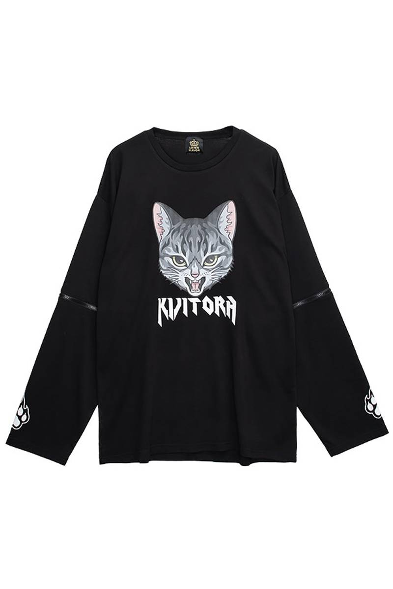 LISTEN FLAVOR（リッスン・フレーバー） 猫サンチーム 2WAYジップ・ロンT - Black