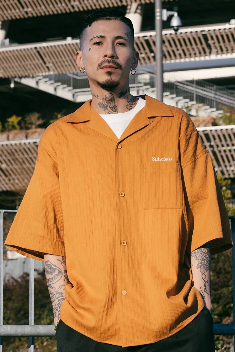Subciety(サブサエティ) OPEN COLLAR STRIPE SHIRT CAMEL