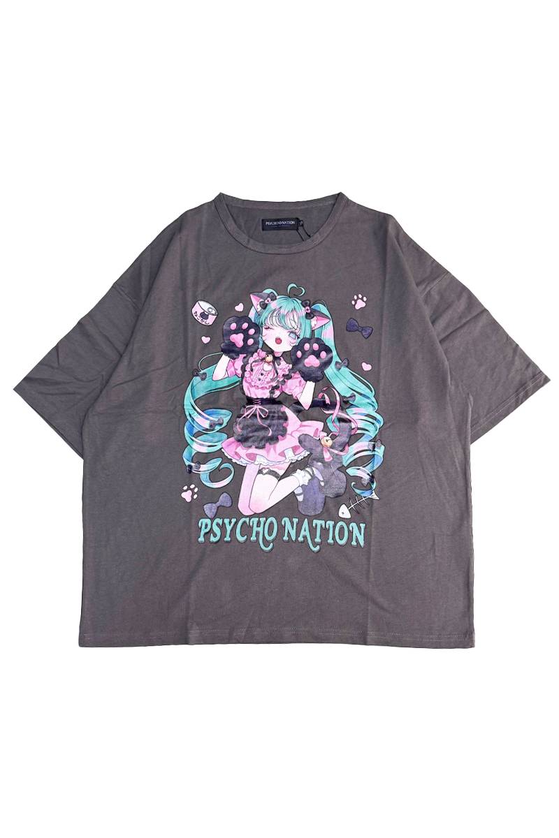 寝田ルネ×PSYCHO NATION (サイコ・ネーション) 猫耳メイドTee - Gray