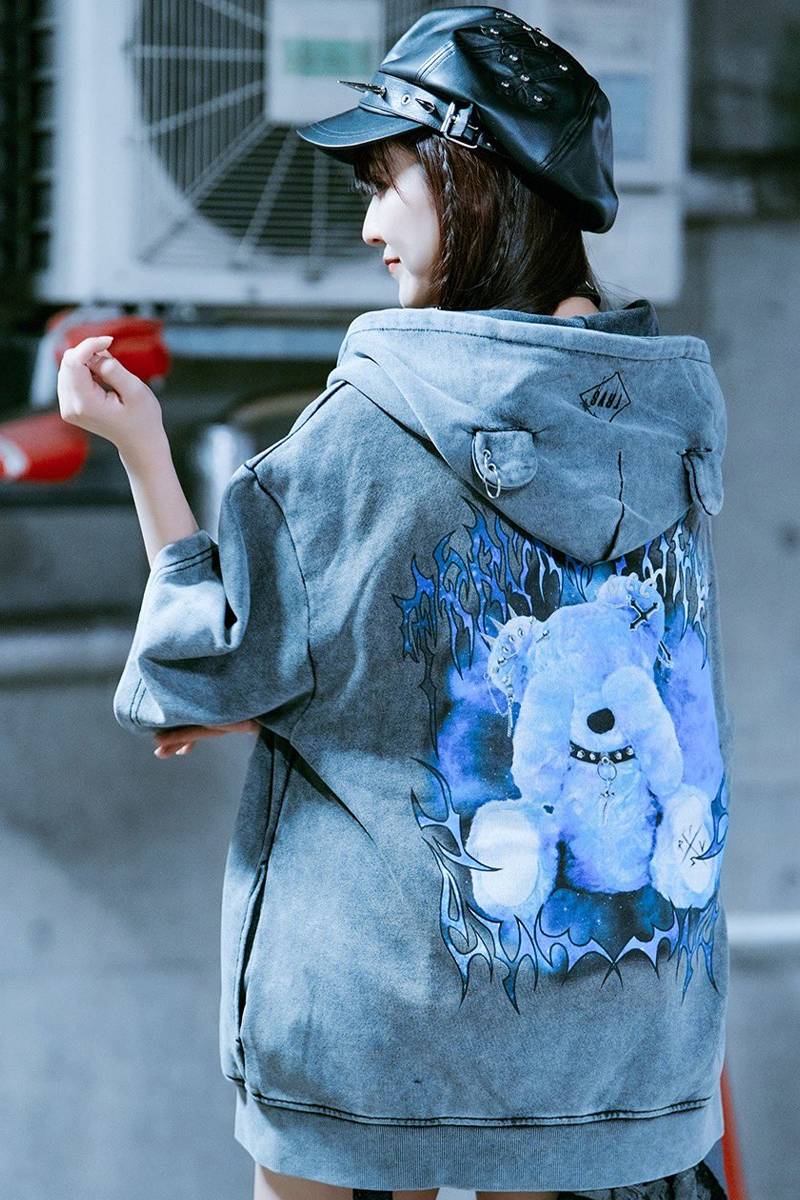 TRAVAS TOKYO(トラバス・トーキョー) クマ耳半袖ジップアップパーカー - Chacoal