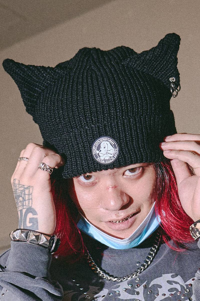 【予約商品】GALFY（ガルフィー）ピアス付きうさ耳ニット帽 - BLACK